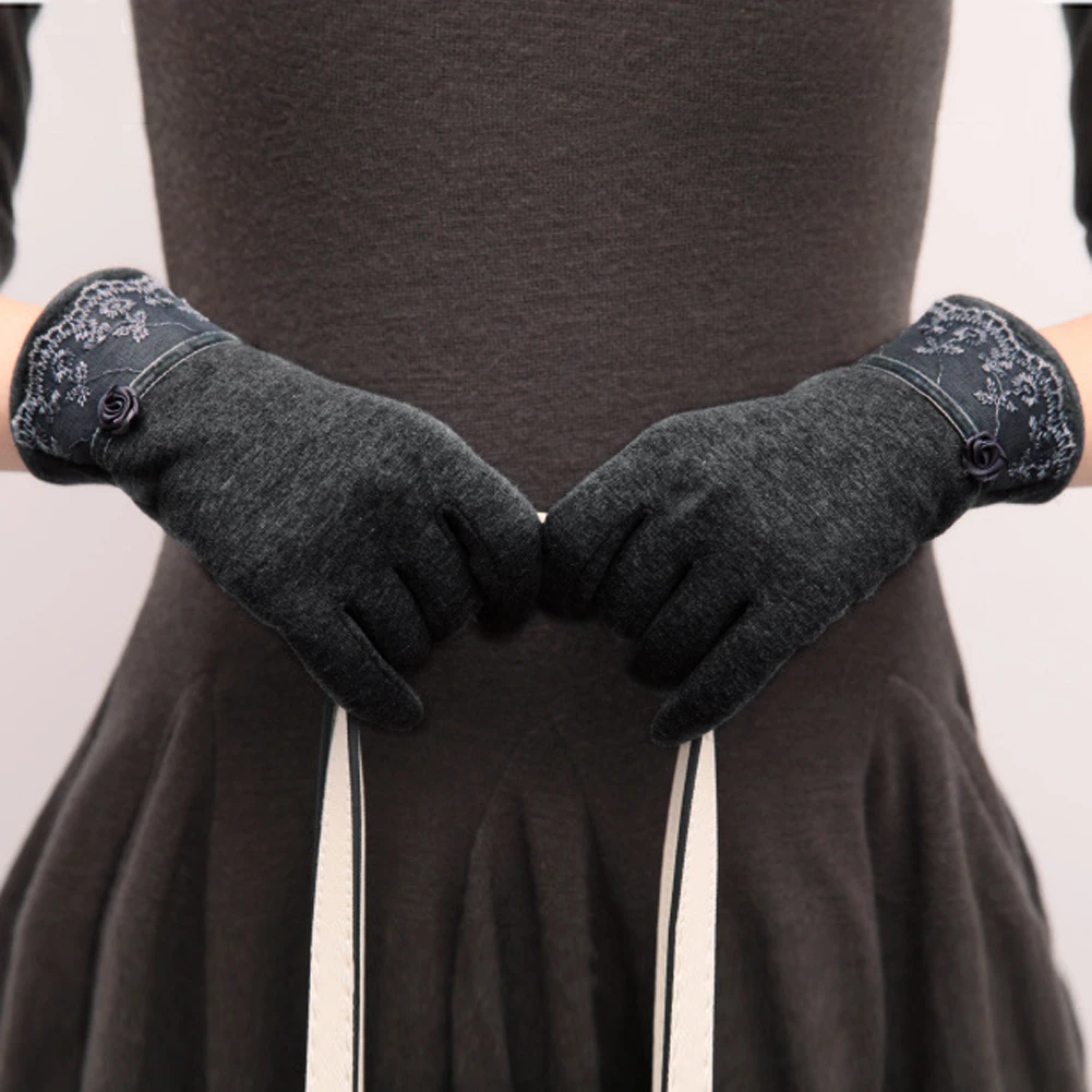 Модные женские шерстяные кружевные женские перчатки с цветами, классные варежки с сенсорным экраном, зимние теплые перчатки для вождения, аксессуары