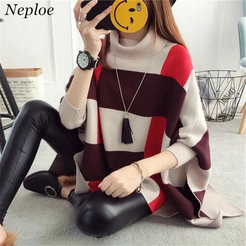 Neploe Color Patchwork Knitted Wrap Swing Style Sweater Batwing Sleeves Turtle Neck Loose Female Pullover 2020 Autumn Top 68732 |