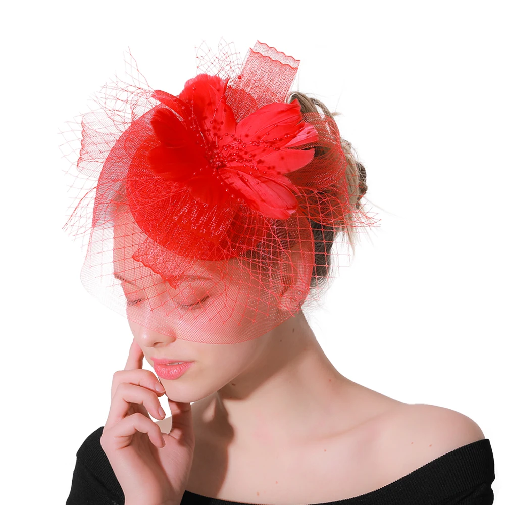 

Fancy feather flower hair accessories Elegant red ladies tea party hats women fascinators hair clips girls bridal married XMF88