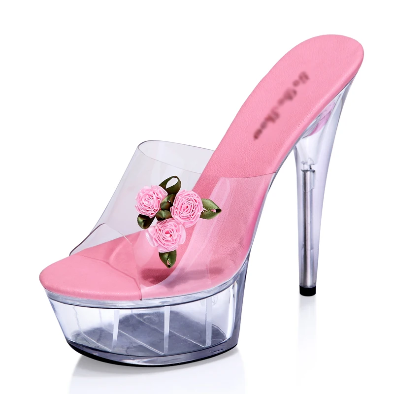 

Platform Slippers 15cm High Heels Women Summer Shoes Mules Transparent Crystal Slides Red Pink Ladies Shoes Peep Toe Clear Heel