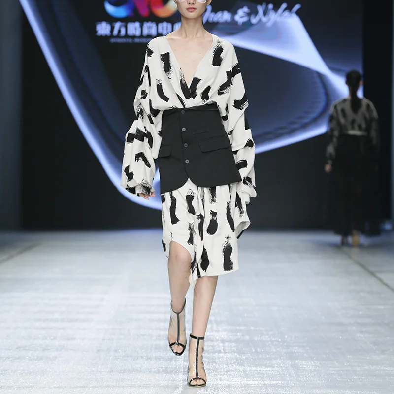 

Runway Dress Two Piece Set 2020 Spring Autumn Fashion Luxury Designers High Quality Print Patchwork Chiffon A-line Dress Female