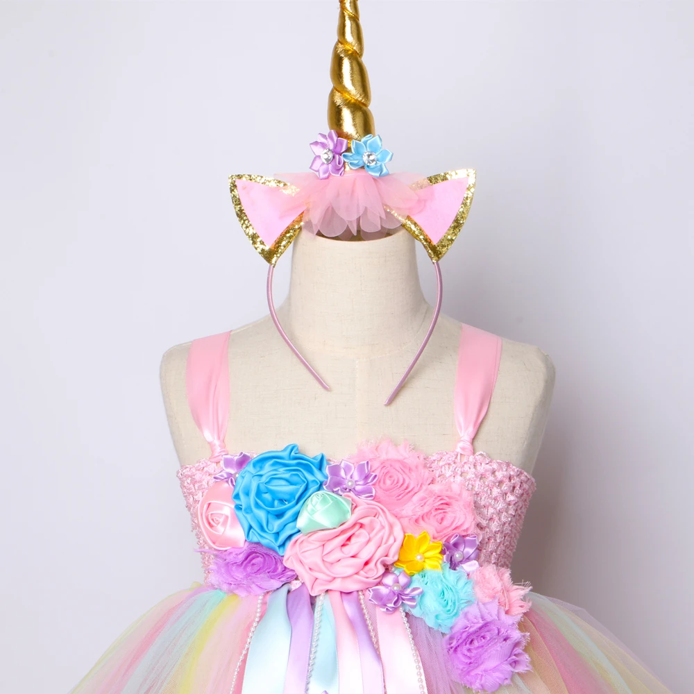 Платье-пачка с единорогом для девочек; пастельная Радуга; платье принцессы с цветочным узором для девочек; Детские праздничные платья; костюм единорога на день рождения, Хэллоуин; для детей 1-14 лет