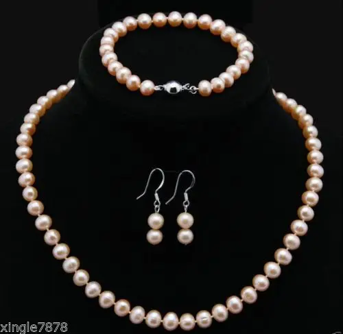 

FREE SHIPPING HOT sell new Style >>>>>Natural 9-10MM Pink Akoya Cultured Pearl Necklace 18" Bracelet Earrings Set