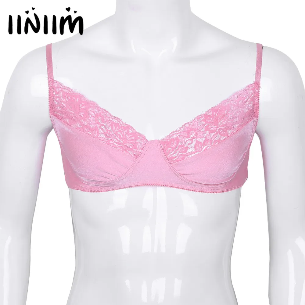

Mens Sissy Lingerie Bralette Smooth Fabric See-through Lace Wire-free Bra Top with Adjustable Shoulder Straps Gay Sexy Underwear