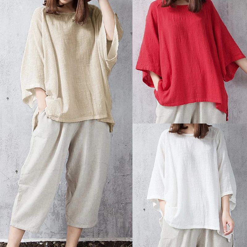 Cotton Linen Casual O-Neck Long Loose Sleeve Blouse Ladies 2018 Women Oversize Batwing Sleeve Tops Loose Solid Blouse Plus Size