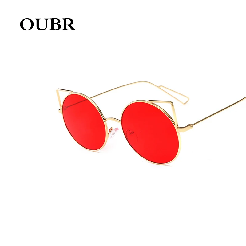 

OUBR Men and women round cat ears sunglasses metal craft trend sunglasses brand fashion red film gray sunglasses UV400