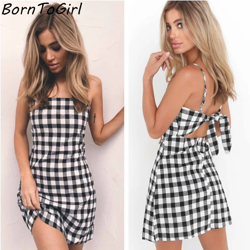 Borntogirl летние женщины слинг Сексуальная Холтер плед мини платье черный белый цвет