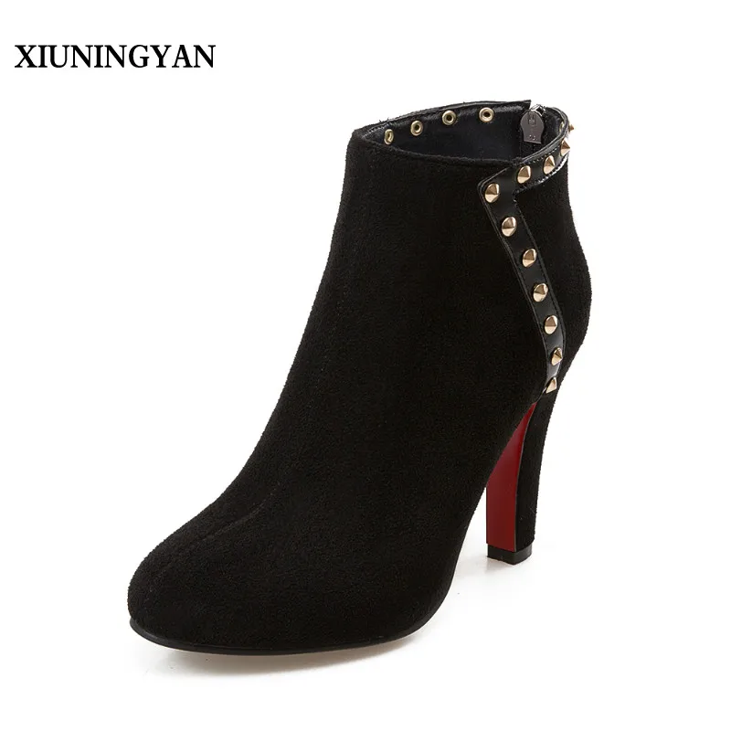 

XIUNINGYAN Hot Sexy Style Spring/Autumn Women's Flock Boots Solid Zip with RivetsThin Heel Boots Ladies' Round Toe Ankle Boots