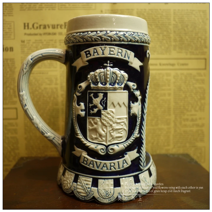 

2016 New Arrival Ceramic German Beer Mug Blue Hand Painted Mugs Embossed Pattern Coffee Cup 12*16cm