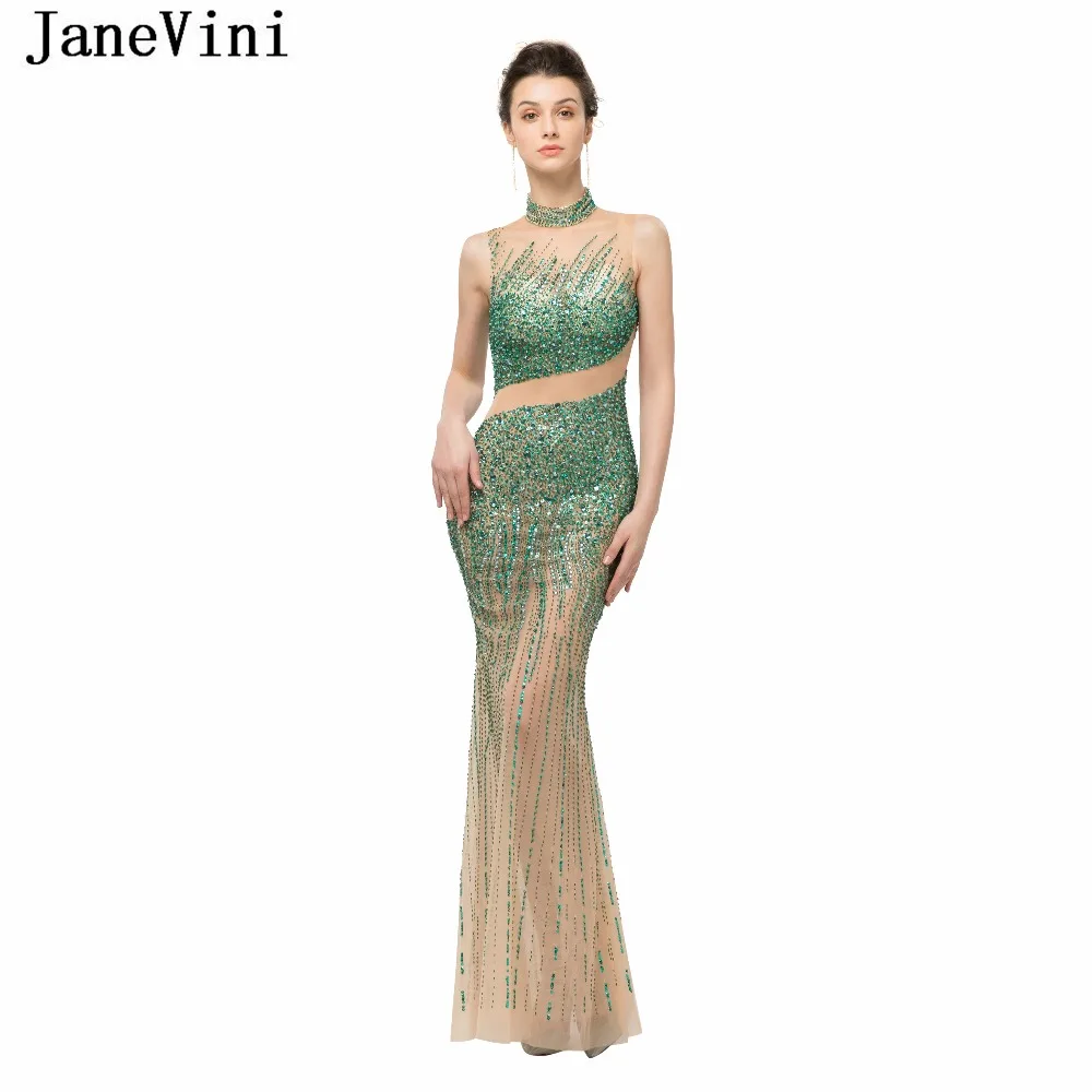 JaneVini сексуальная прозрачная кисея, тюль платье подружки невесты в стиле русалки с высокой горловиной с блестящими бусинами Длинные платье