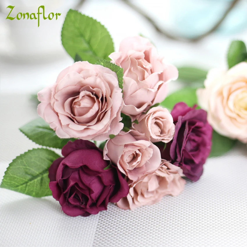 Zonaflor Silk Rose Bouquet European Style Artificial Flower High Quality Bouquet Fake Flowers Wedding Home Party Decoration