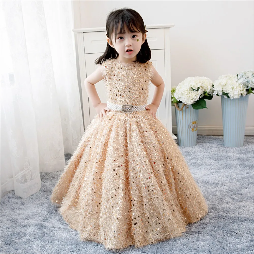 Vestido De Niña Flores Y Lentejuelas - Vestido Largo Sin Mangas Para Boda, Bautismo, Verano - Estilo Princesa