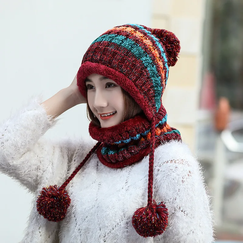 VISROVER Новый Многофункциональный Зима помпонами для девочек вязаный шерстяной Теплый Кепки толстые ветрозащитный шапка шарф Набор шапочка