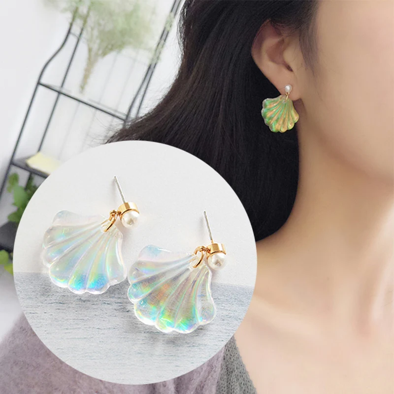 

LNRRABC High Quality Exquisite 1Pair Romantic Resin Colorful Mermaid Rainbow Pearl Shell Earrings New Arrival Allergy Free 2018