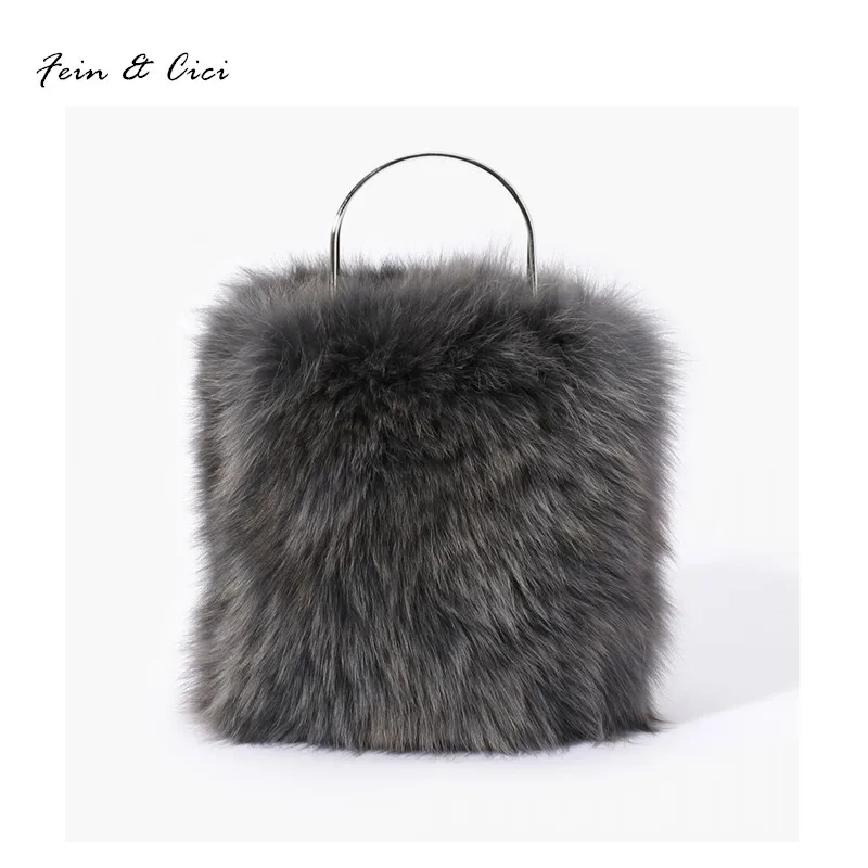 

really fox Fur Bag totes handbag brand bucket Party Bag women Ladies Hand Bags Luxury Designer Evening Bag grey color