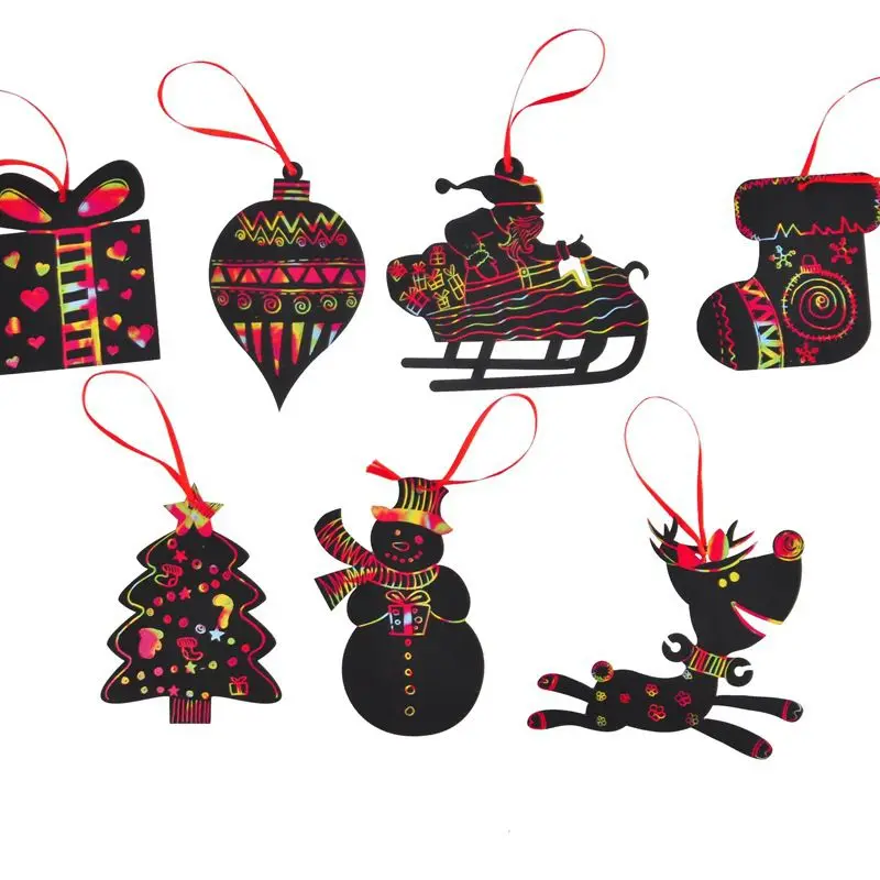 

24pcs Funny Christmas Tree Ornaments Scratch Art Paper Coloring Cards Scraping Drawing Toy for Children Magic Color Scratch Card