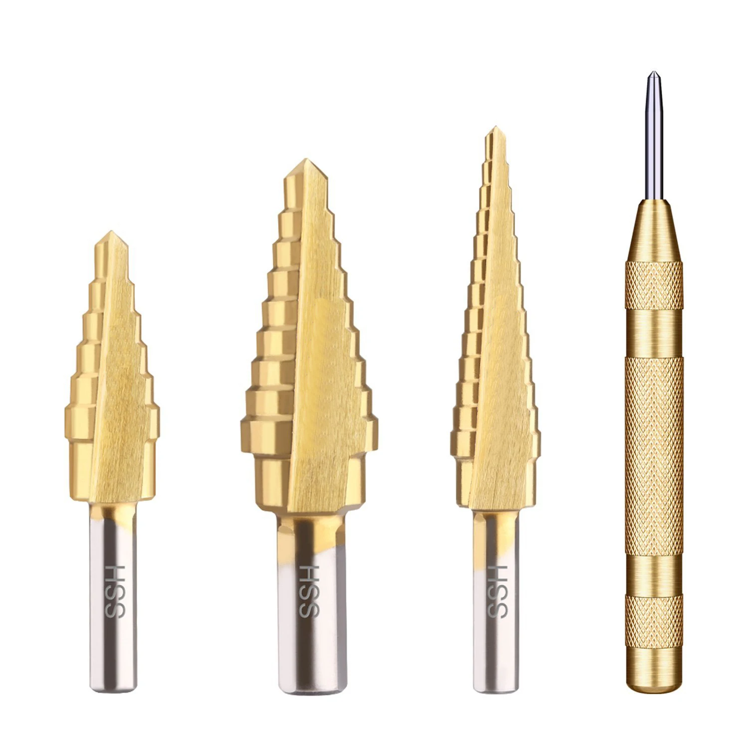 

Step Drill Bit Set 3-Piece with 28 Step High-Speed Steel Double Cutting and Automatic Center Punch