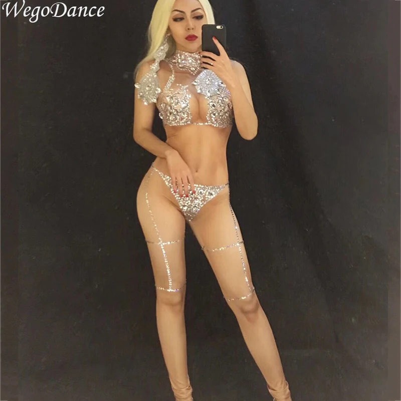 

new Sparkling Silver Crystals Bodysuit Jazz Dance Women Nude Jumpsuit DJ Bar Show Sexy Nightclub DS Singer Rave Clothes