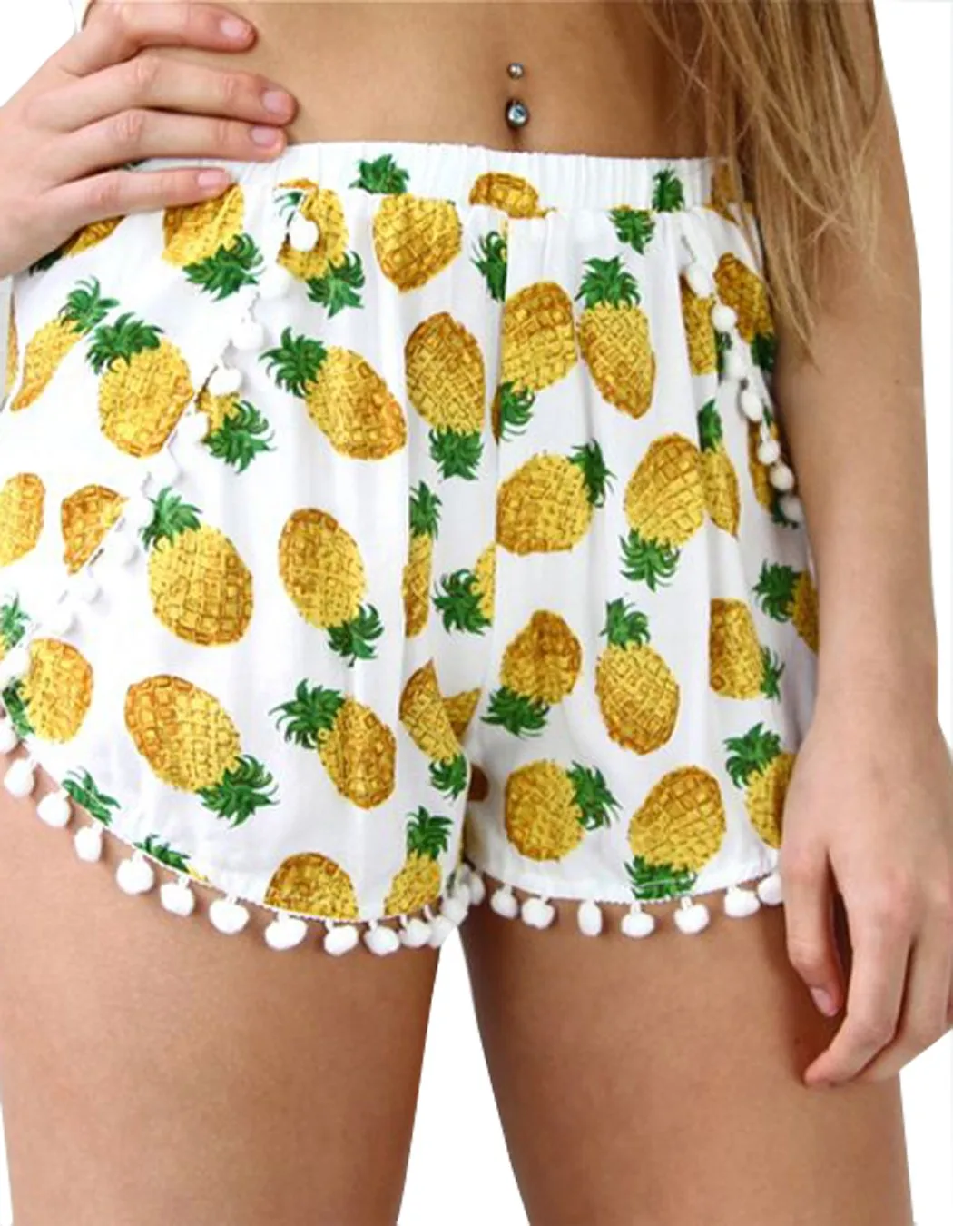Лето 2016 новые модные Повседневное для похудения Для женщин эластичный пояс с принтом ананаса бахромой пляжное Соблазнительные шорты