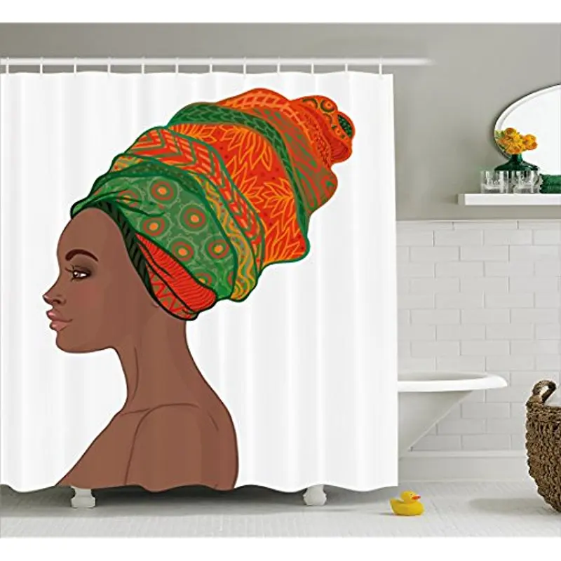 

Vixm African Woman Shower Curtain Afro Female Young Beauty Traditional Hair Dress Turban Ornate Fabric Bath Curtains