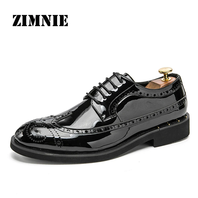 

ZIMNIE New Arrival Men Dress Shoes Patent Leather Dress Business Shoes Men Classic Brogue Shoes High Quality Men Brand Footwear