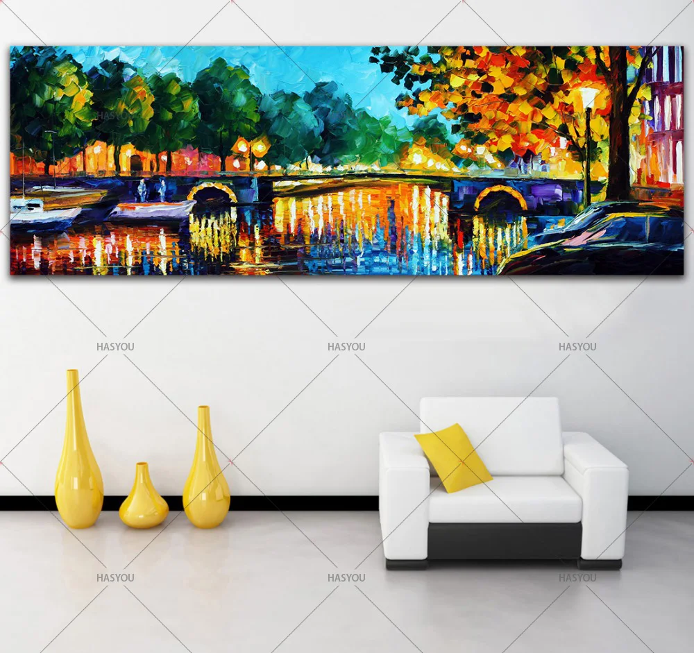 

100% Hand painted Canvas Oil paintings Landscape Palette Knife Amsterdam Early Morning Wall Painting For Living Room Hotel Decor