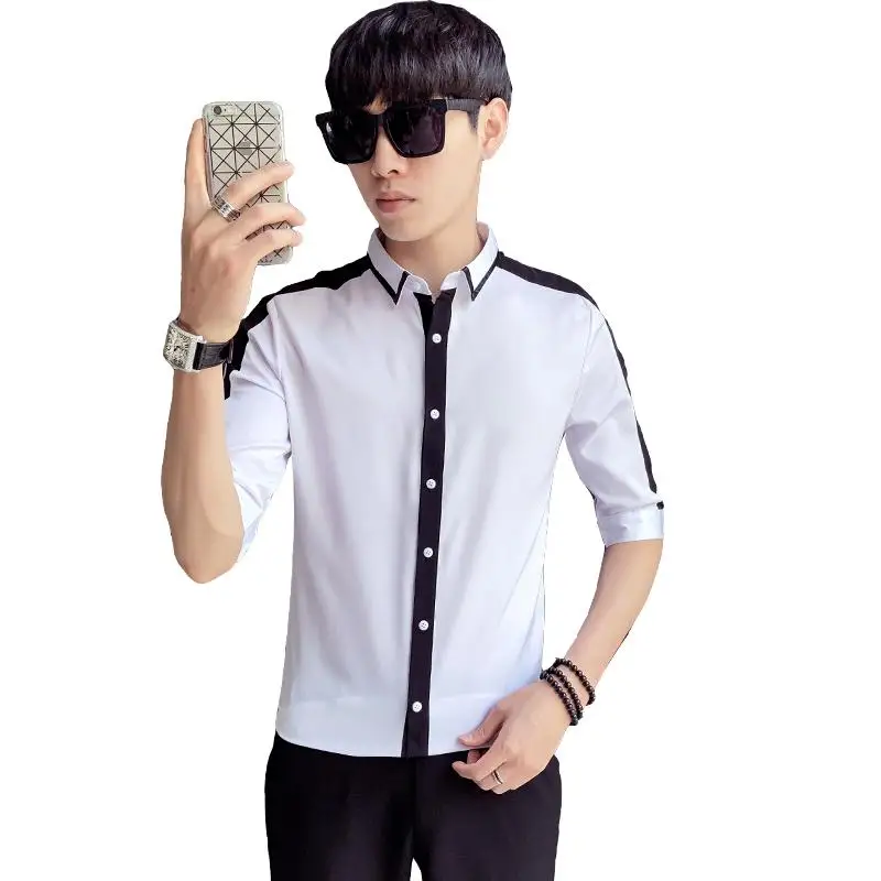 

LOLDEAL Summer New Wave Men's Seven-point Sleeve Shirt Youth Slim Sleeve Shirt Casual Slim Long-sleeved Men's Print Line Shirt