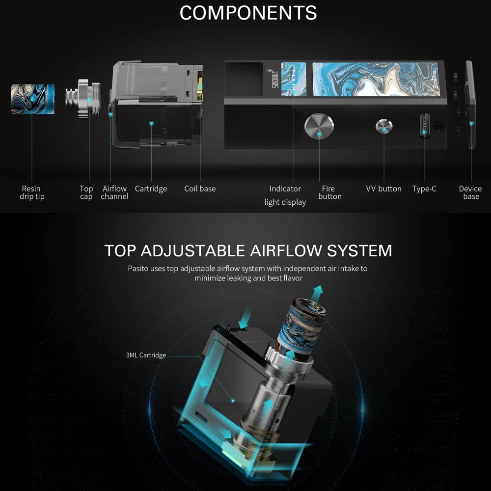 Оригинальный вейп Smoant Pasito Pod Kit встроенный аккумулятор 1100 мАч и атомайзер 3 мл