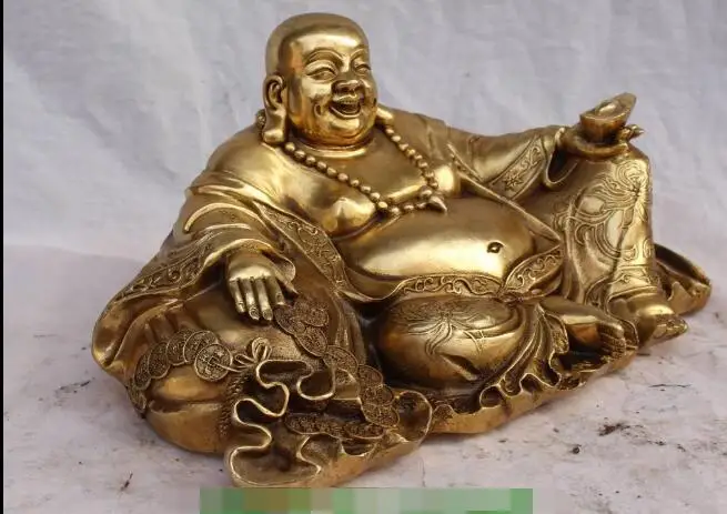 

S2260 14" Chinese Bronze Wealth YuanBao Happy Laugh Maitreya Buddha Money Bag Statue