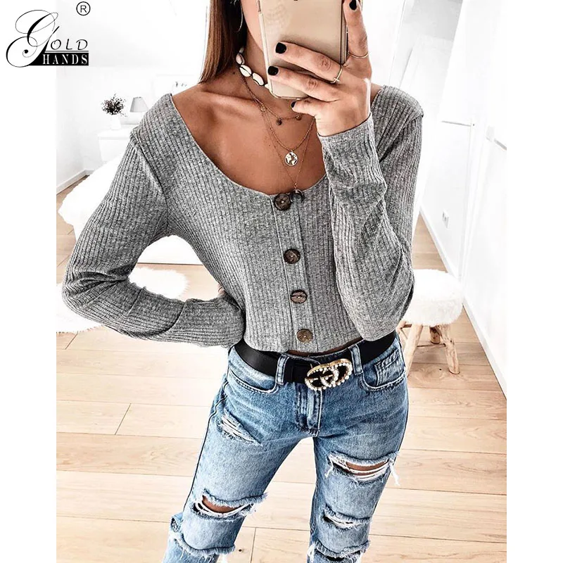 

Gold Hands Winter Streetwear Women Sweaters Spring Solid V-neck Buttons Pullover Casual Female Tops Plus Size Korean Style