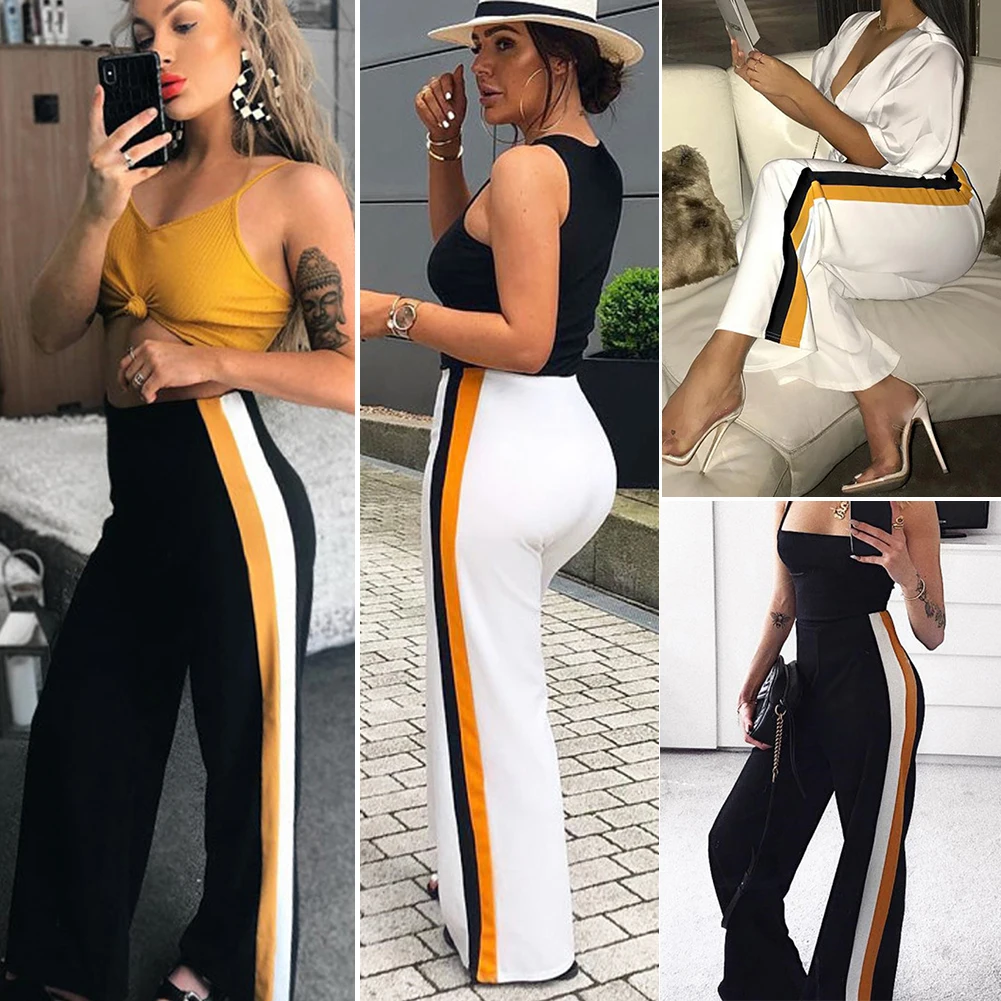 

New Summer Women Casual High Waist Striped Wide Leg Pants Long Loose Trousers