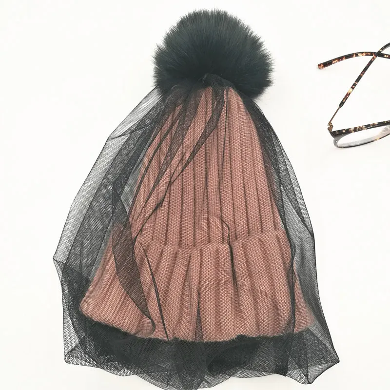 2019 New Faux Fur Pom Pom Hat Mesh Lace Beanies Cap Winter Warm Knitted Hats For Women Fashion Veil  Skullies Caps 4