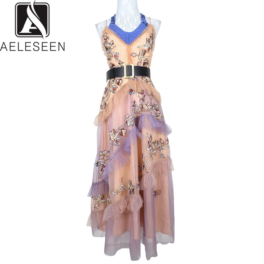 

AELESEEN Boho Designer Fairy Dress 2019 Summer Women's Spaghetti Strap Flower Embroidery Cascading Belt Long Backless Dress