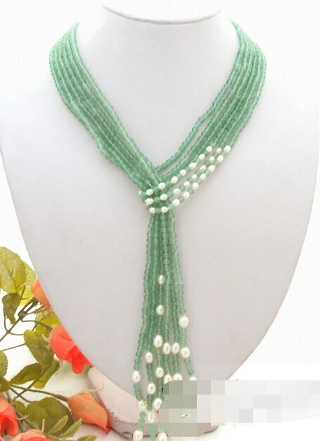 

huij 003668 3Strds 53" White Pearl&Round Aventurine Necklace
