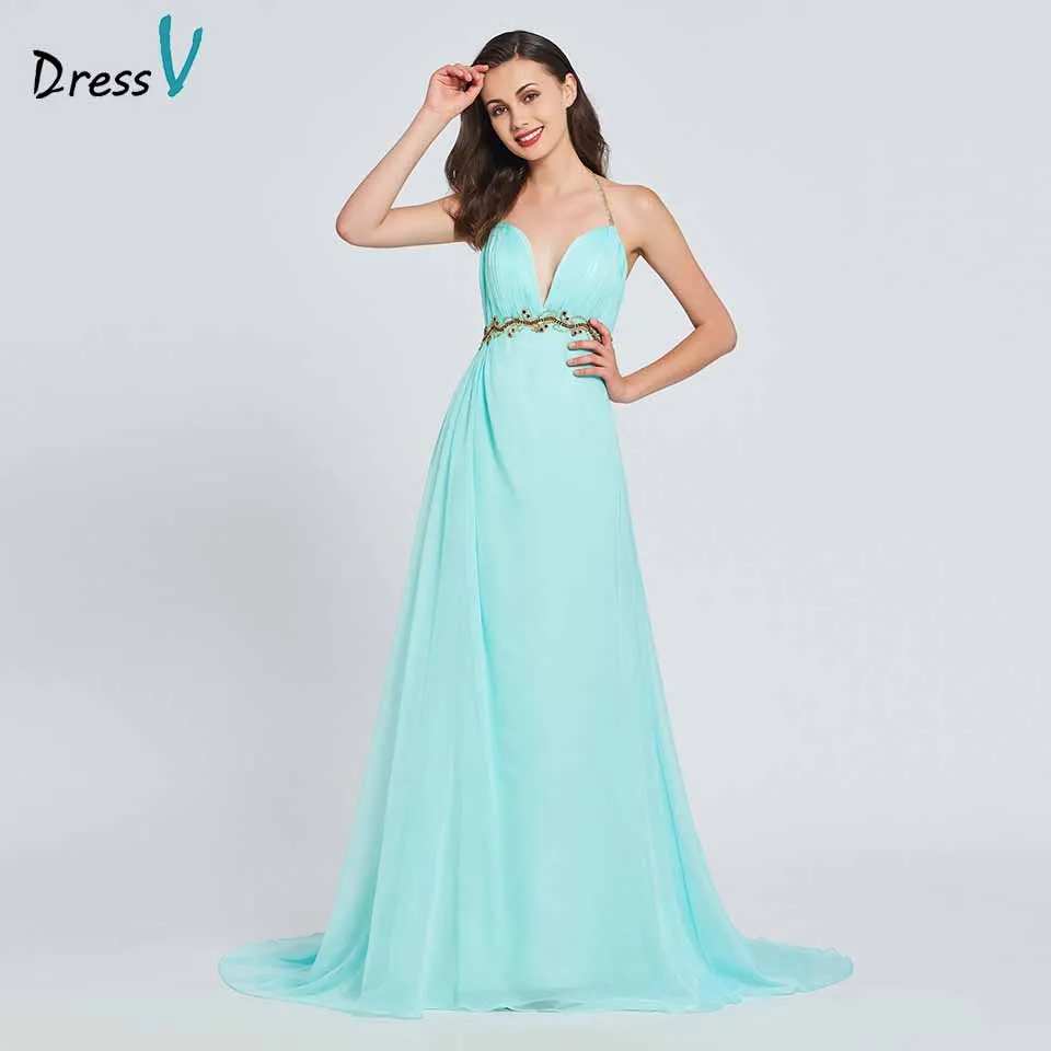 Dressv light green elegant halter neck long prom dress beading a line floor length evening party