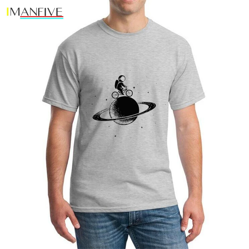 

Funny T shirts Men Summer astronaut rides on bicycle at the Saturn Printed Tshirt Casual Short Sleeve O-neck T-shirt Tops Tees
