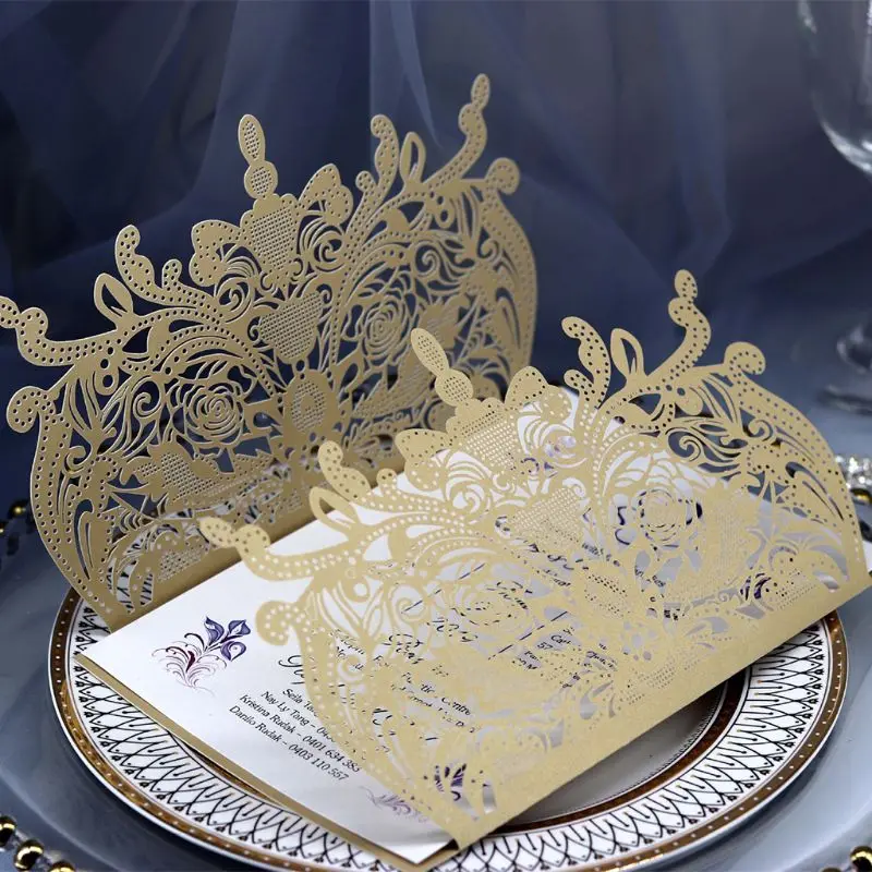  50pcs Wedding Invitation Card with ribbon Laser Cut Floral Glittering Engagement Baptism Invitation - 33040825919