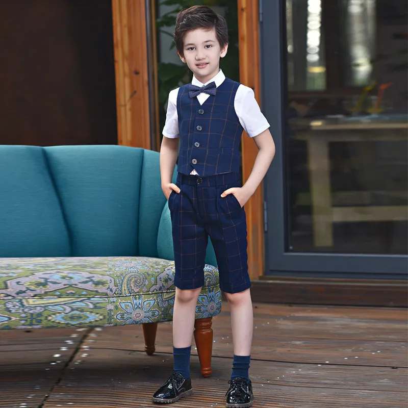 

BoysFormal Suit Wedding campus student Dress Gentleman Kids Waistcoat Shirt Pant Bowtie Short sleeve Set 4Pcs ceremony Costumes