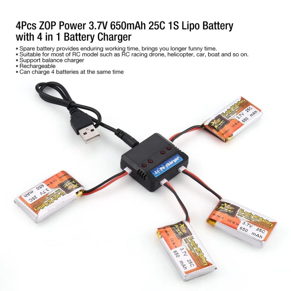 

4Pcs ZOP Power 3.7V 650mAh 25C 1S Lipo Battery Rechargeable with 4 in 1 Battery USB Charger for RC Racing Drone Helicopter Car