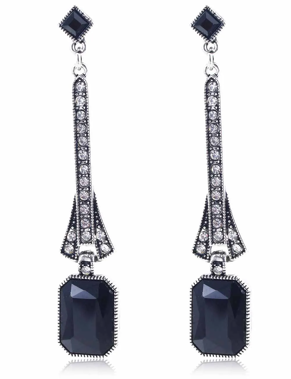 

YaYi Black Glass White Rhinestone Long Dangle Earring Women's Fashion Ancient Silver Earrings gems Earrings For Women Girls