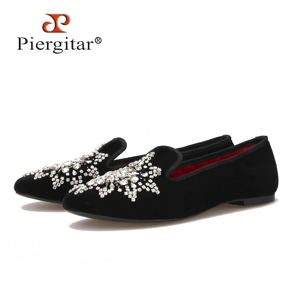 

New style Handmade big rhinestone women velvet shoes party and wedding women loafers fashion smoking slippers women's flats