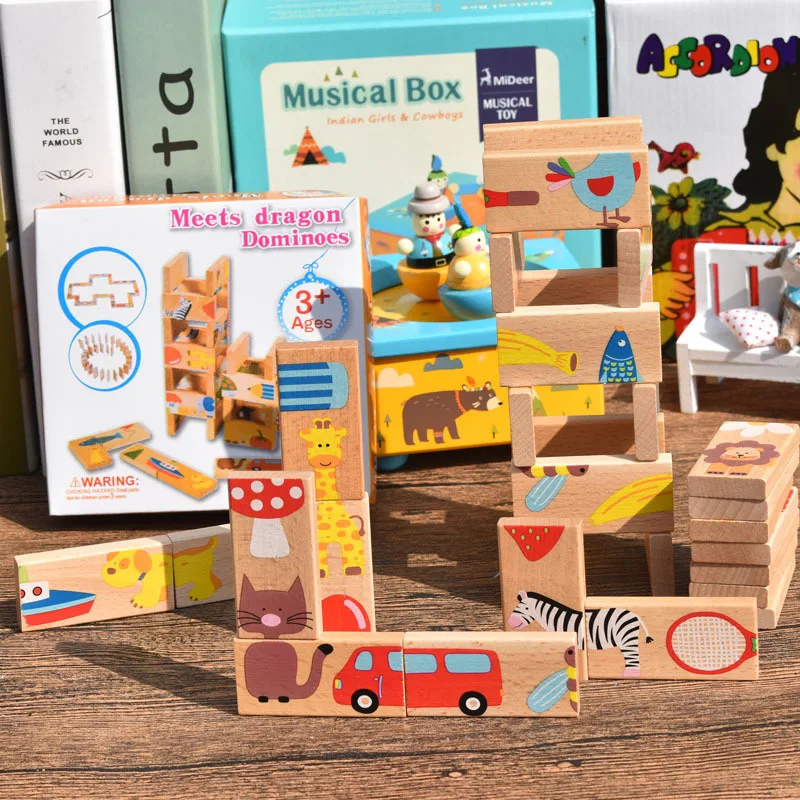 

Children 28 pieces Wooden Puzzle Toys board game Wood cartoon animals Domino Solitaire Early Learning Cognitive Educational Toys
