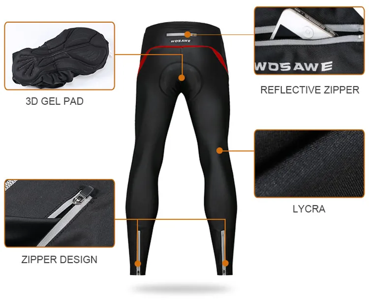 WOSAWE Men Cycling Tights GEL Pad Bib Pants MTB Winter Thermal MTB Road Bike Bicycle Pants Padded Legging Cycling Trouser Shorts