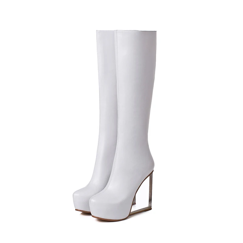 WETKISS/прозрачные женские ботинки на высоком каблуке; обувь с круглым носком на молнии; женские ботинки из коровьей кожи; обувь для вечеринок на платформе; женская зимняя коллекция года - Цвет: white dan li