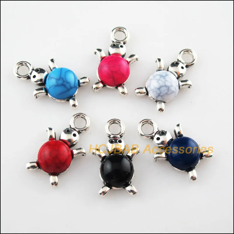 

Fashion 6Pcs Tibetan Silver Tone Tortoise Mixed Stone Charms Pendant 14x23mm