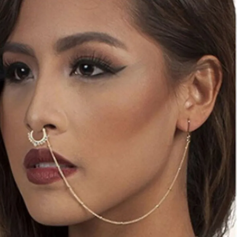 

Punk Piercing Nombril Luxury Rudder Alloy Nose Stud Clip Fake Septum Piercing False nose ring earring chain kit Bisuteria Mujer