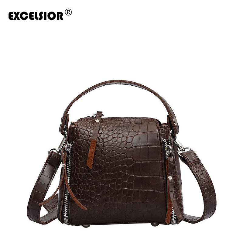 

EXCELSIOR Fashionable Casual Women's Bag Square New Arrival PU Leather High Quality Bucket Bag with Detachable Alligator Strap