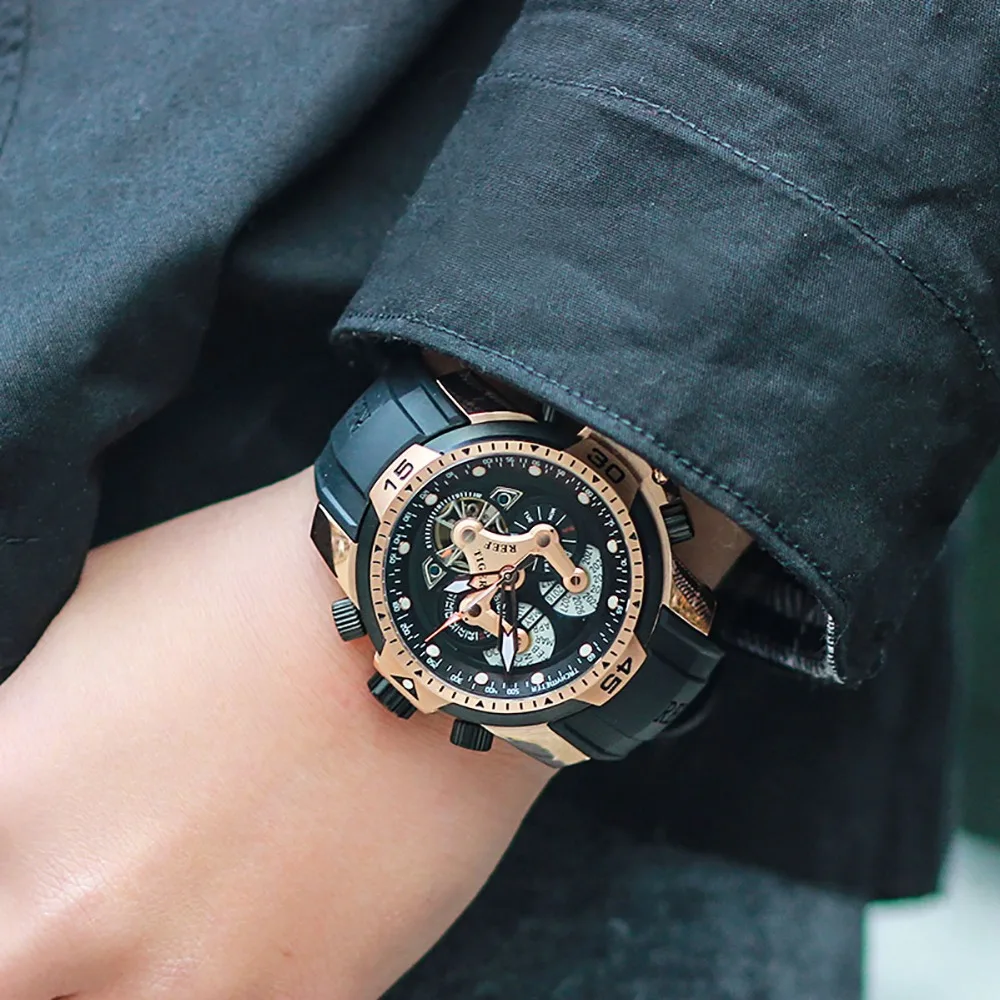 Reef Tiger/RT Mens Sport Watches Rubber Strap Complicated Dial Rose