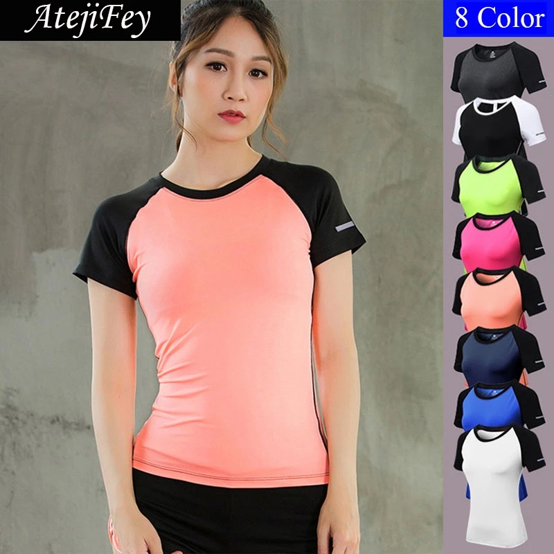 

New Style Patchwork Yoga top Gym Compression Women Sport T-shirts Dry Quick Running Short Sleeve Fitness Women's Tees tops