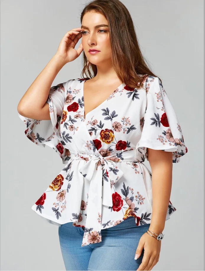Floral Plus Size Belted Surplice Peplum Blouse Women Tops V-neck Cusual Clothes 3XL 4XL 5XL